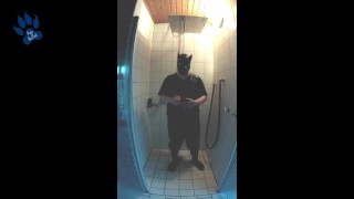 Pup pawing off in the shower