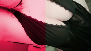Tattooed light skinned woman with big tits playing in lingerie in bathroom