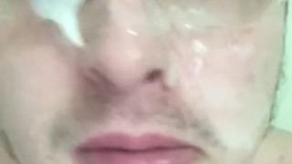 After the Shot | Big Sticky Glasses Facial. Thick Dripping Cum ; p