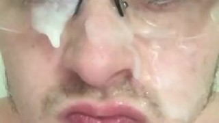 After the Shot | Big Sticky Glasses Facial. Thick Dripping Cum ; p