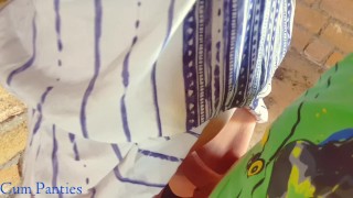 Cute girl asks to cum in panties at a construction site