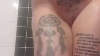 Milf playing with a huge dildo in the shower