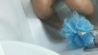 Hot step sister on vibrating hairy pussy in bath