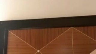 Blonde plays with huge dildo in hotel room