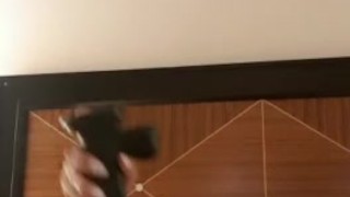 Blonde plays with huge dildo in hotel room