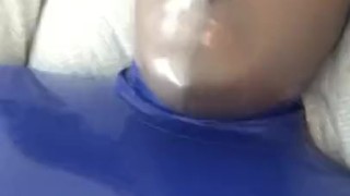 Jerking Off in Blue Neck Entry Catsuit