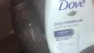 Semi hard BBC stroking in shower