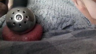 Cumming in chastity cage with a vibrator and eating the mess