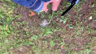 Pissing and smoking outside while step brother is watching me