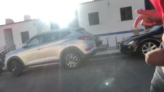 Risky run and walk with small cock out