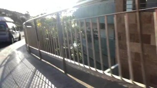 Risky run and walk with small cock out