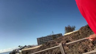 Risky run and walk with small cock out