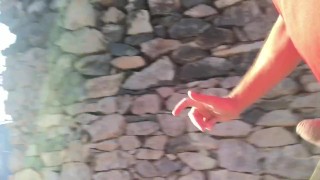 Risky run and walk with small cock out