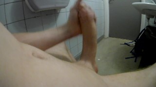 Unlocked door in public toilet. Sneaking around completely naked jerk off.
