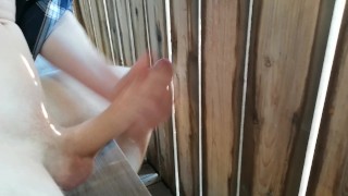 Jerking off in a public stable, cumshot on the wall