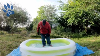 Baggy Pup cooling down in pool (with sneakers and cumshot)