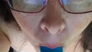 BBW MILF gives her dildo a blowjob