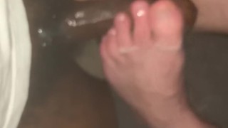 My soft white feet milking the cum from black cock