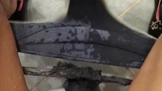 pee desperation in cotton mini shorts POV