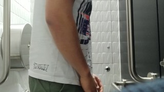 Hot asian dude got horny at the museum, shot a load in the public toilet