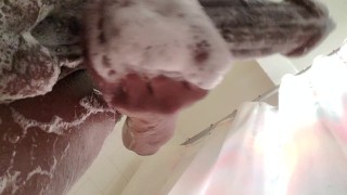 Stroking long BBC shower time