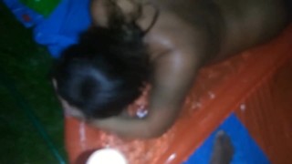 Guy pissing all over neighbors wife at party, she really likes it.