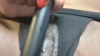 Ebony using vibrator watching porn