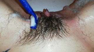 Pissing And Shaving My Extreme Hairy Big Clit Pussy In Close Up