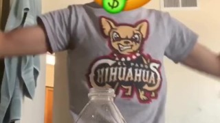 Bottle cap challenge with big flaccid cock