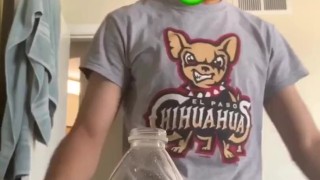 Bottle cap challenge with big flaccid cock