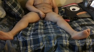 Fat boy jerks off while family is gone...uses fleshlight too