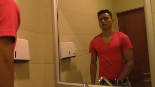 He masturbates and pulls the cum in the MIRROR of a public bathroom