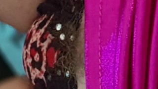Sissy cuckold in dress, panties,gater and stocking