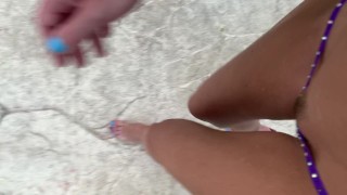 POV walking in platform high heels and tiny purple g-string
