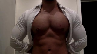 Ripping my white shirt while flexing my big muscle pecs and biceps