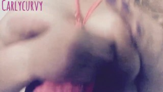 Blonde Carlycurvy striptease in pink sequin bikini