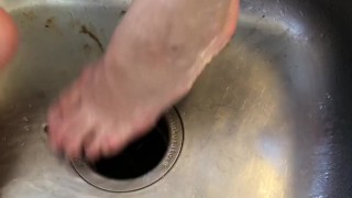 Ballerina Rosey's small muddy feet rub together get soapy & clean in sink