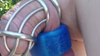 Naked locked up slave at a nude beach, humiliated and degraded