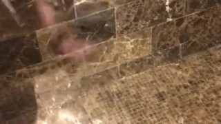 Reno, NV hotel shower door reflection stroking white cock