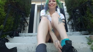 My neighbor is watching me show off my stinky sweaty soles!