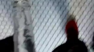 Domme strap-on with fishnet stockings, giggling