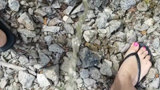 Girl On Nature Walk Stops To Piss On Stump