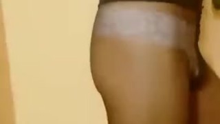 Skinny teen crossdresser in patnyhose. Walking and mis at home