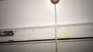 Teen piss out of a window in a entrance of apartment building - Rainy night