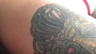 Leather pup wags tail in socks