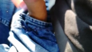 Fondling my hard uncircumcised cock while driving, feels nice!