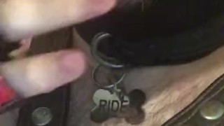 Leather slut cumshot, eats cum