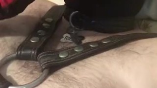 Leather slut cumshot, eats cum