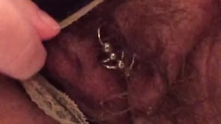 Post Orgasm Piss in Black Panties Hairy Mature MILF Pierced Labia
