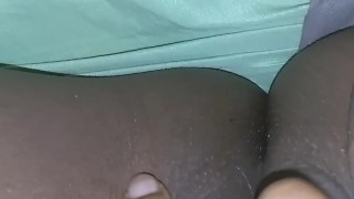 Ebony chick masturbates with wand toy